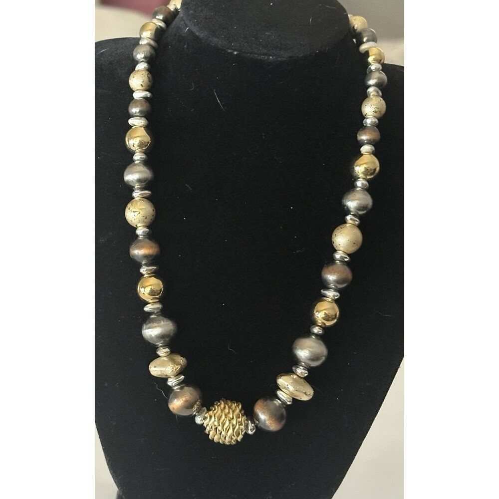 Vintage Liz Claiborne tri-tone beaded necklace textured gold, pewter, Copper